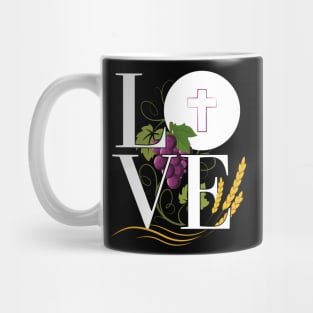 Eucharist LOVE Typography Host Wheat Grapes (white font) Mug